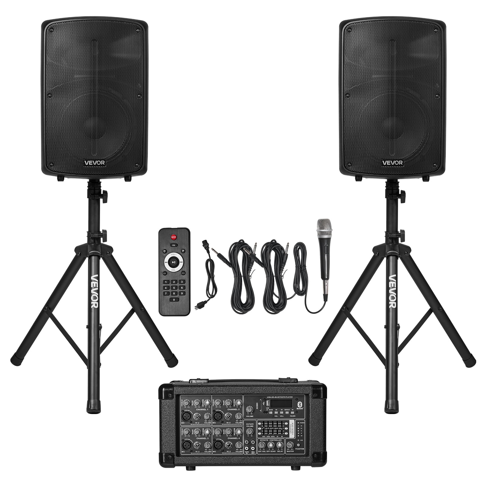 VEVOR Professional PA System, 800W Powered, Sound System Set with 6 Channel Mixer, Dual Speakers, Wireless Bluetooth, Microphone, Compact Stands, USB SD XLR Inputs, Remote Control, for DJs Events