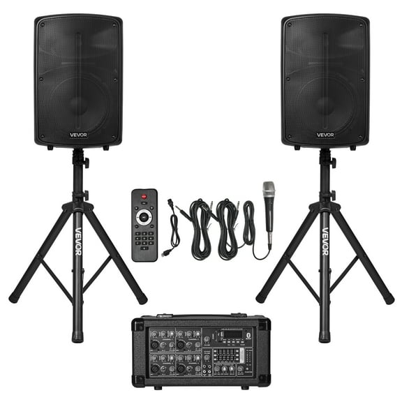 VEVOR Professional PA System, 800W Powered, Sound System Set with 6 Channel Mixer, Dual Speakers, Wireless Bluetooth, Microphone, Compact Stands, USB SD XLR Inputs, Remote Control, for DJs Events