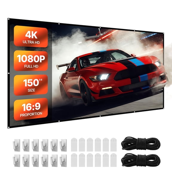 VEVOR Projector Screen, 150 inch 16:9 4K 1080 HD Projection Screen, Wall Mounted Projection Dispaly Projector with 12 Hooks and Double-Sided Tapes,Portable Moive Canvas for Family Home Office Theater