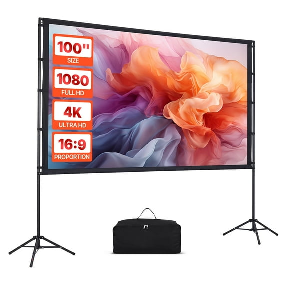 VEVOR Projector Screen with Stand, 100 Inch 160 Wide Angle Indoor Outdoor Projection Screen, 16:9 4K HD Wrinkleless Portable Dual-Tripod Screens with Carry Bag, for Movie Home Theater Presentation