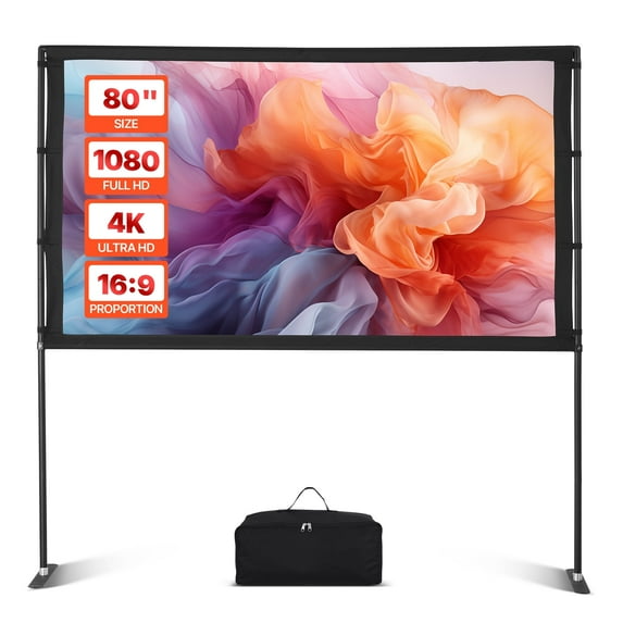 VEVOR Projector Screen with Stand, 80 Inch 160° Wide Angle Indoor Outdoor Projection Screen, 16:9 4K HD Wrinkleless Portable Dual-Stand Screens with Carry Bag, for Movie Home Theater Presentation