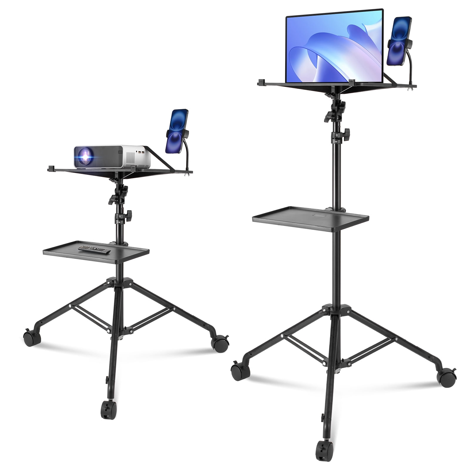 VEVOR Projector Stand with Wheels, Laptop Stand Tripod Adjustable Height from 31.3 to 67.3", Projector Tripod Stand with 2 Trays & Gooseneck Phone Holder, for Outdoor Movies, Home, Office or Studio