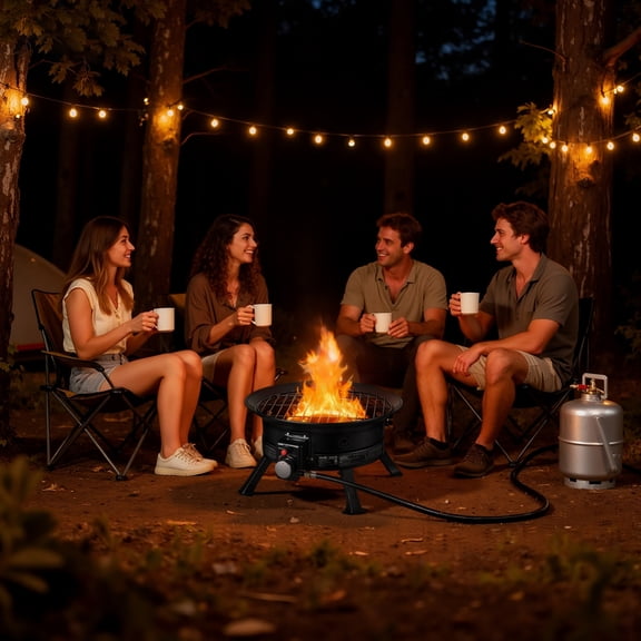 VEVOR Propane Fire Pit 19-Inch, 53,000 BTU Portable Gas Fire Pit, with Grill Grate & Lava Rocks, Adjustable Flame, Folding Legs,Smokeless Outdoor Firebowl for Camping, Patio, Backyard, Deck, RV