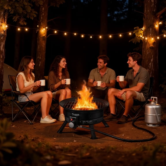 VEVOR Propane Fire Pit 24-Inch, 53,000 BTU Portable Gas Fire Pit, with Grill Grate & Lava Rocks, Adjustable Flame, Folding Legs,Smokeless Outdoor Firebowl for Camping, Patio, Backyard, Deck, RV