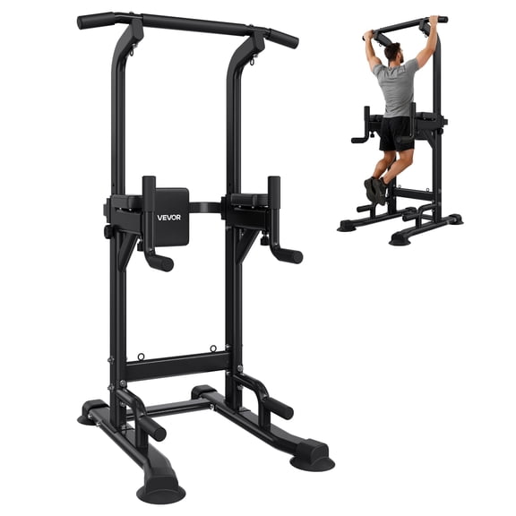 VEVOR Pull Up Bar, 330 LBS Power Tower Dip Station, Workout Dip Station with H-Shaped Stable Base & Back Pad,Adjustable 12 Level Height Free Standing Chin Up Bar for Back, 4-Level Adjustable Back Pad