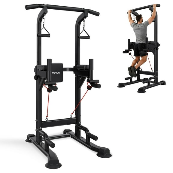 VEVOR Pull Up Bar, 330 LBS Power Tower Dip Station, Workout Dip Station with H-Shaped Stable Base & Back Pad,Adjustable 12 Level Height Free Standing Chin Up Bar for Back, 4-Level Adjustable Back Pad