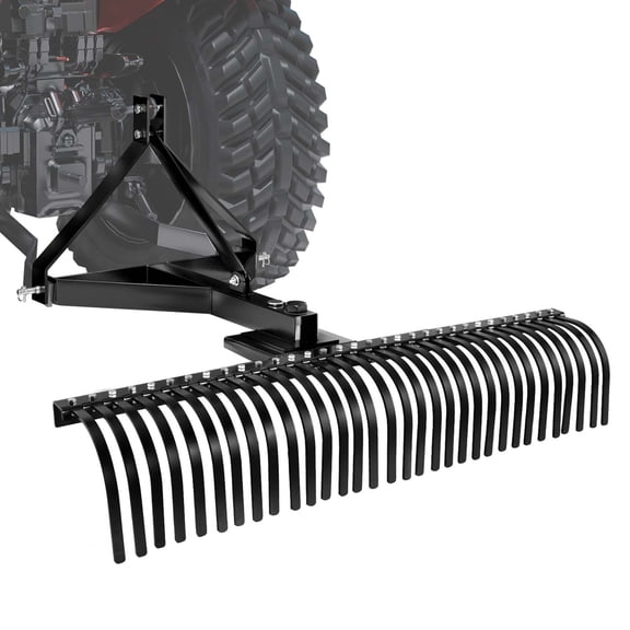 VEVOR Pull-Behind Thatch Remover, 60" Width, Equipped with 32 Durable Steel Prongs, Tractor-Compatible 3-Point Hitch Garden Rake, Ideal for Soil Preparation and Grass Maintenance