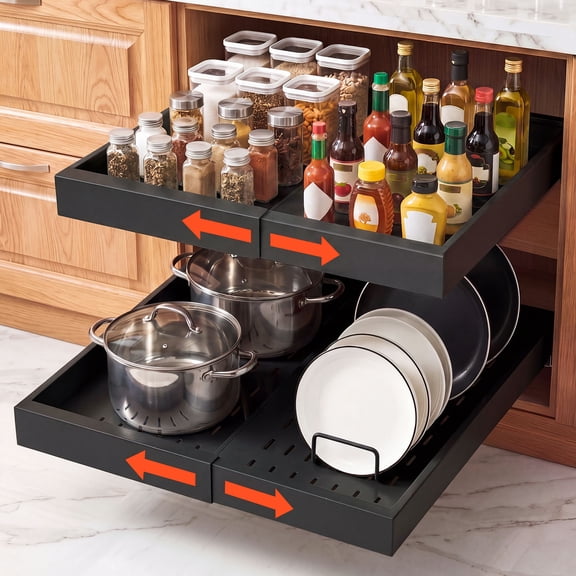 VEVOR Pull Out Cabinet Organizer, 2 Pack Expandable Width (12.2"-18.9"), 20.47" Deep Pull Out Drawers for Cabinets,Sliding Drawer for Kitchen Pantry Cabinet Organizer with Nano Adhesive Strips, Black