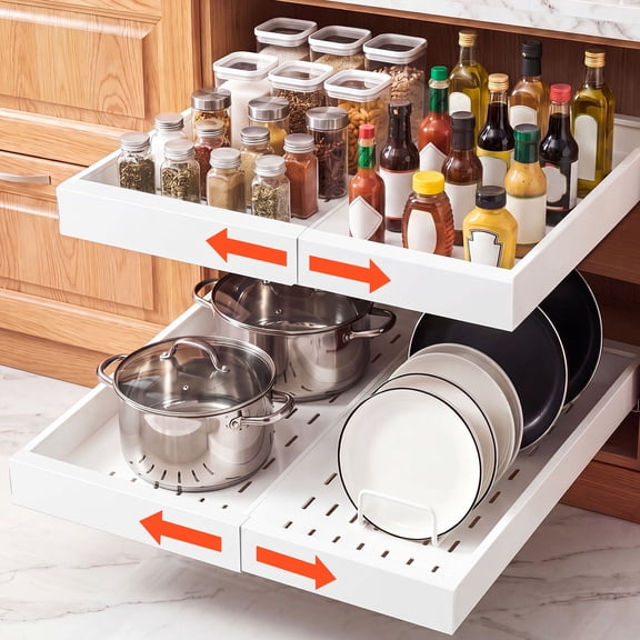 VEVOR Pull Out Cabinet Organizer, 2 Pack Expandable Width (12.2"-18.9"), 20.47" Deep Pull Out Drawers for Cabinets,Sliding Drawer for Kitchen Pantry Cabinet Organizer with Nano Adhesive Strips, White
