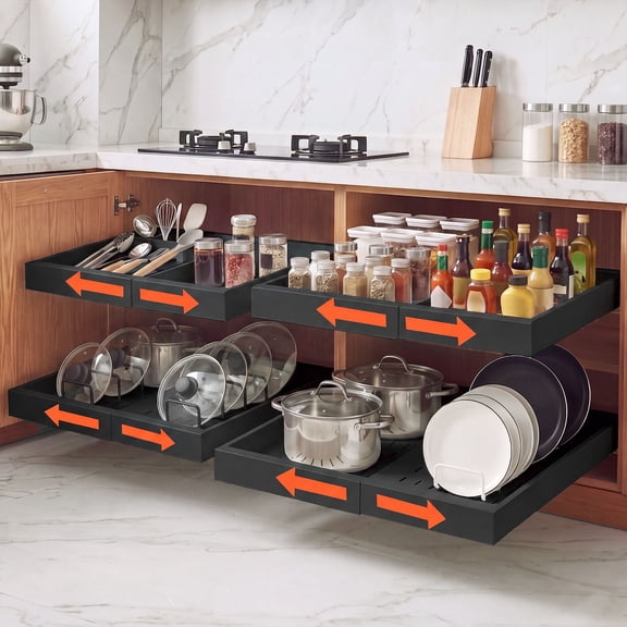 VEVOR Pull Out Cabinet Organizer, 4 Pack Expandable Width (12.2"-18.9"), 20.47" Deep Pull Out Drawers for Cabinets, Sliding Drawer for Kitchen Pantry Cabinet Organizer with Nano Adhesive Strips,Black