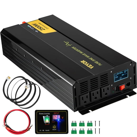 VEVOR Pure Sine Wave Inverter, 2500 Watt Power Inverter, DC 12V to AC 120V Car Inverter, with USB Port, LCD Display, and Remote Controller Power Converter, for RV Truck Car Solar System Travel