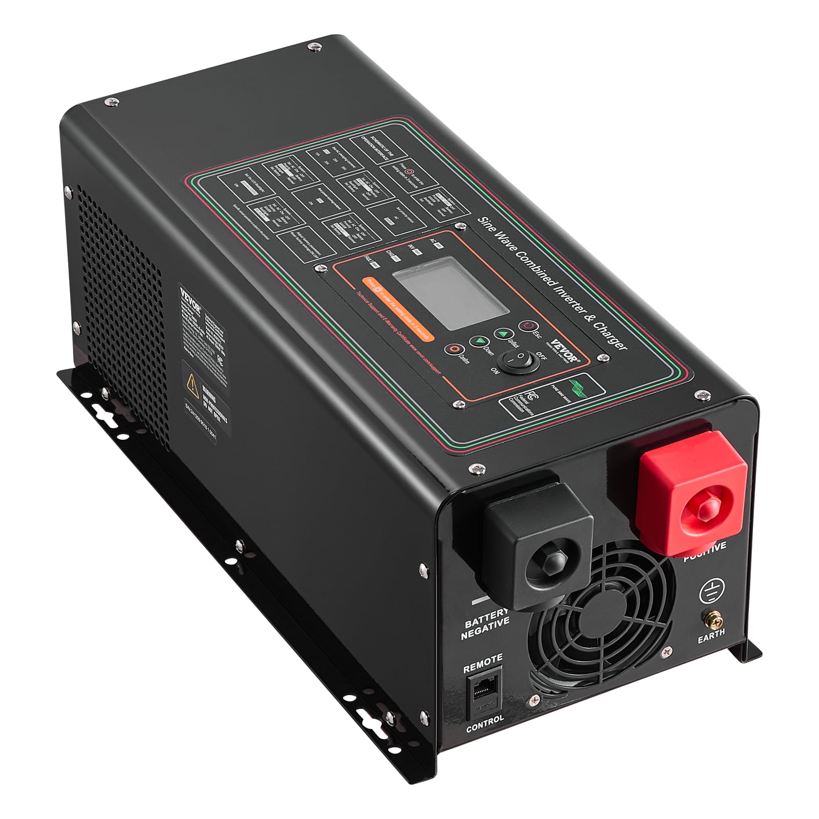 VEVOR Pure Sine Wave Inverter Charger, 2000 Watt, DC 12V to AC 120V Power Inverter with LCD Display, Remote Control, Solar Inverter for Off-Grid Solar RV Boat Home, Compatible with Various Batteries