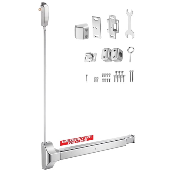 VEVOR Push Bar Panic Exit Device, 28" Stainless Steel Commercial Panic Bar for Exit Doors, Emergency Exit Door Hardware with Vertical Top Rod and Sticker, for 28"-41" Wood or Metal Door, Silver