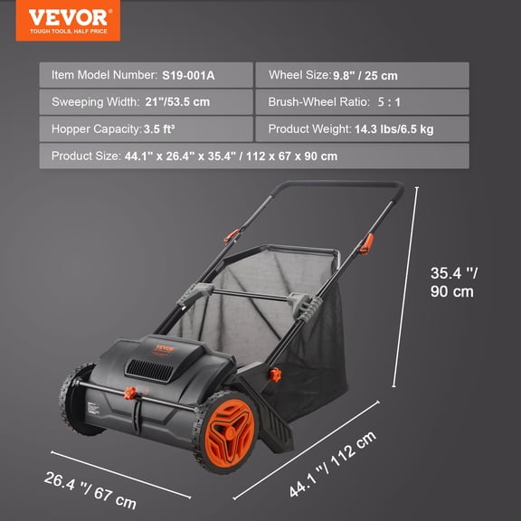 VEVOR Push Lawn Sweeper, 21inch Leaf & Grass Collector Strong Plastic Wheels & Heavy Duty Thickened Steel Durable to Use with Large Capacity 3.5 cu. ft. Mesh Collection Hopper Bag, 2 Spinning Brushes