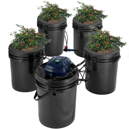 VEVOR RDWC Hydroponics Grow System, Hydroponic Growing Kit with Top Drip, Recirculating Deep Water Culture 4 Buckles and 1 Reservoir, with Air Pump and Water Level Device for Leafy Vegetables