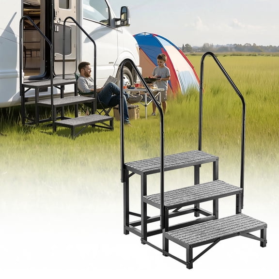 VEVOR RV Steps with Dual Handrails, 3 Steps, 660 lbs Load Capacity, Heavy Duty Outdoor RV Stairs with Non-Slip Mat for Elderly/Pets
