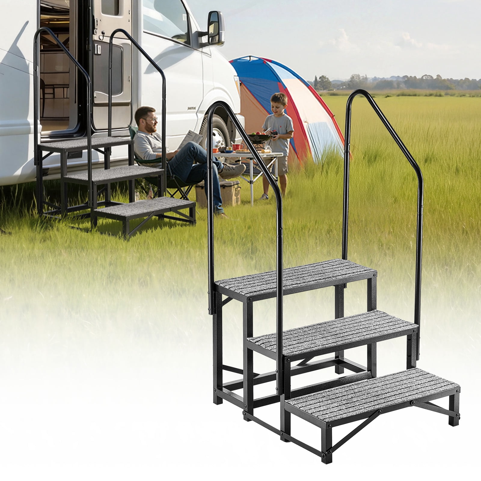 VEVOR RV Steps with Dual Handrails, 3 Steps, 660 lbs Load Capacity ...