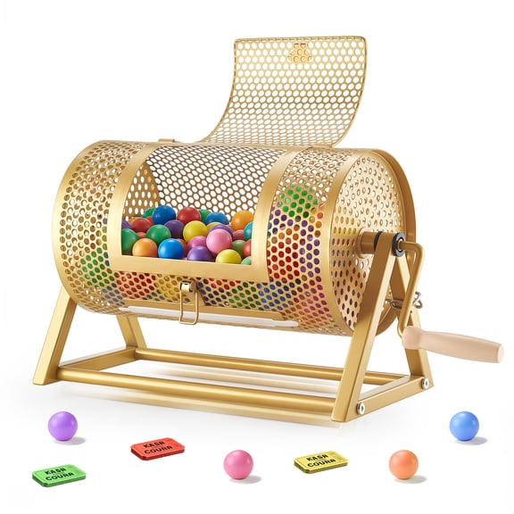 VEVOR Raffle Ticket Spinner, 11.6" x 6.6" Holds 2500 Tickets or 100 Ping Pong Balls, Raffle Drum Lottery Spinning Cage with Reinforced Handle, Stable Triangular Stand, for Events and Gatherings, Gold