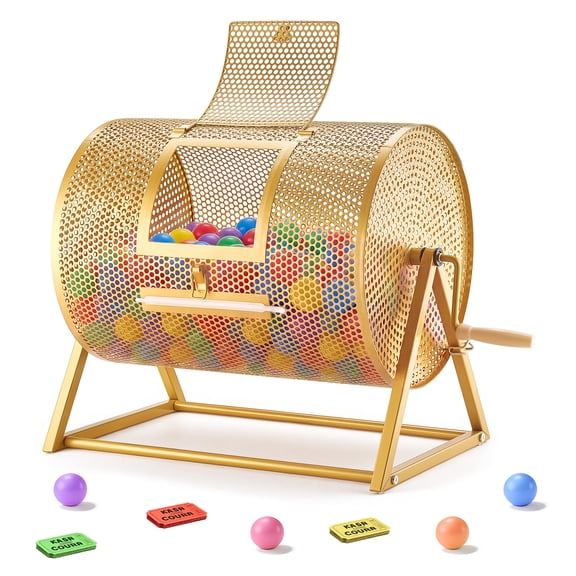 VEVOR Raffle Ticket Spinner, 16.1" x 11.9" Holds 5000 Tickets or 200 Ping Pong Balls, Raffle Drum Lottery Spinning Cage with Reinforced Handle, Stable Triangular Stand, for Events and Gatherings,Gold