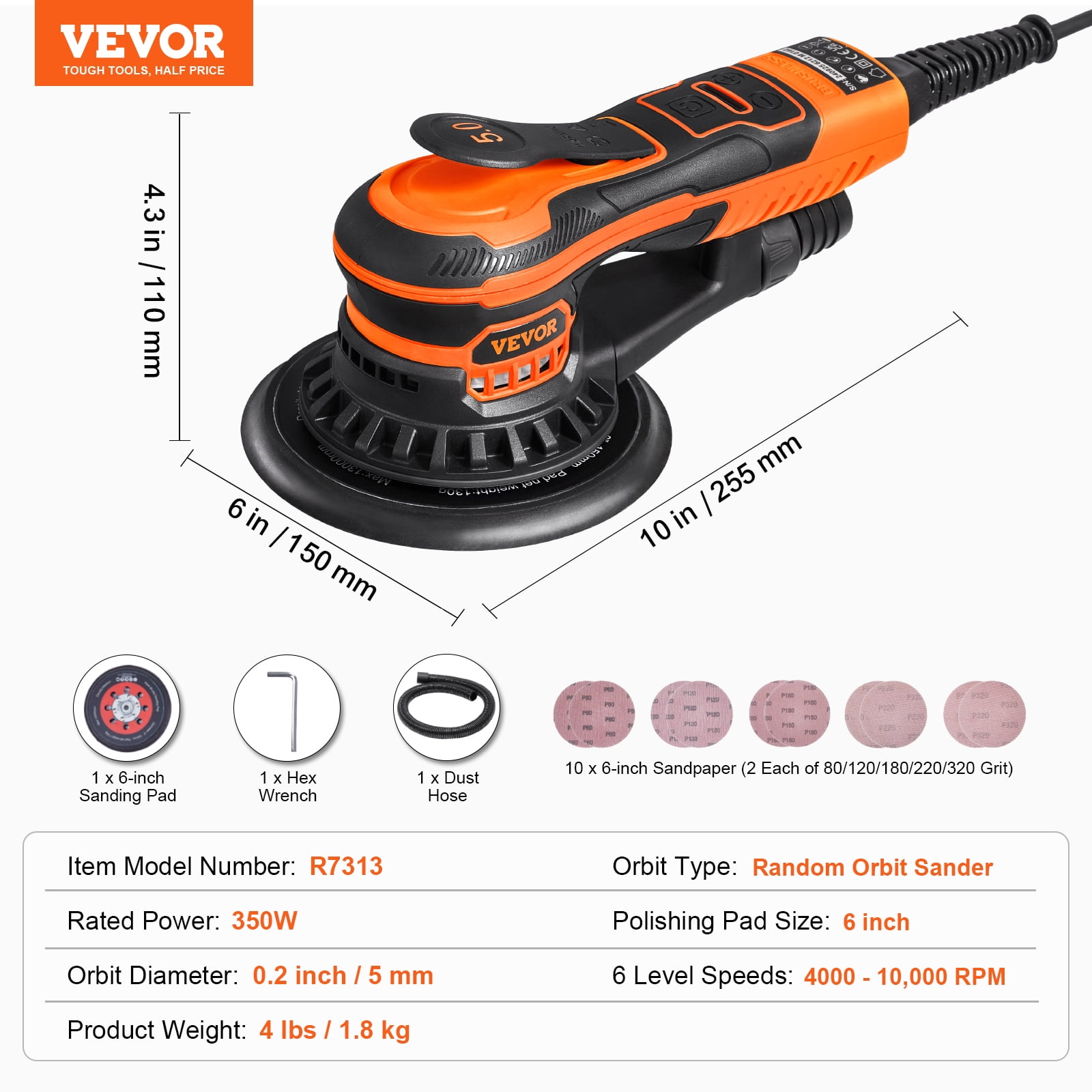 VEVOR Random Orbital Sander 350W Brushless 10000 PRM 6 Variable Speed ...