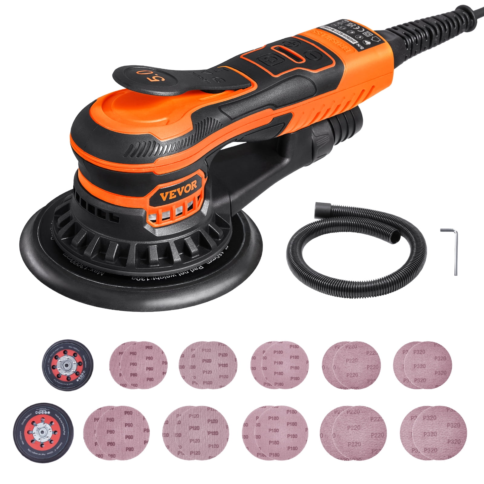 VEVOR Random Orbital Sander 5 \u0026 6-Inch, 350W Brushless Orbital Sander, 10,000 PRM 6 Variable Speed Electric Palm Sander with 20PCS Sandpapers, Dust Connector \u0026 Hose for Woodworking Detailing Sanding
