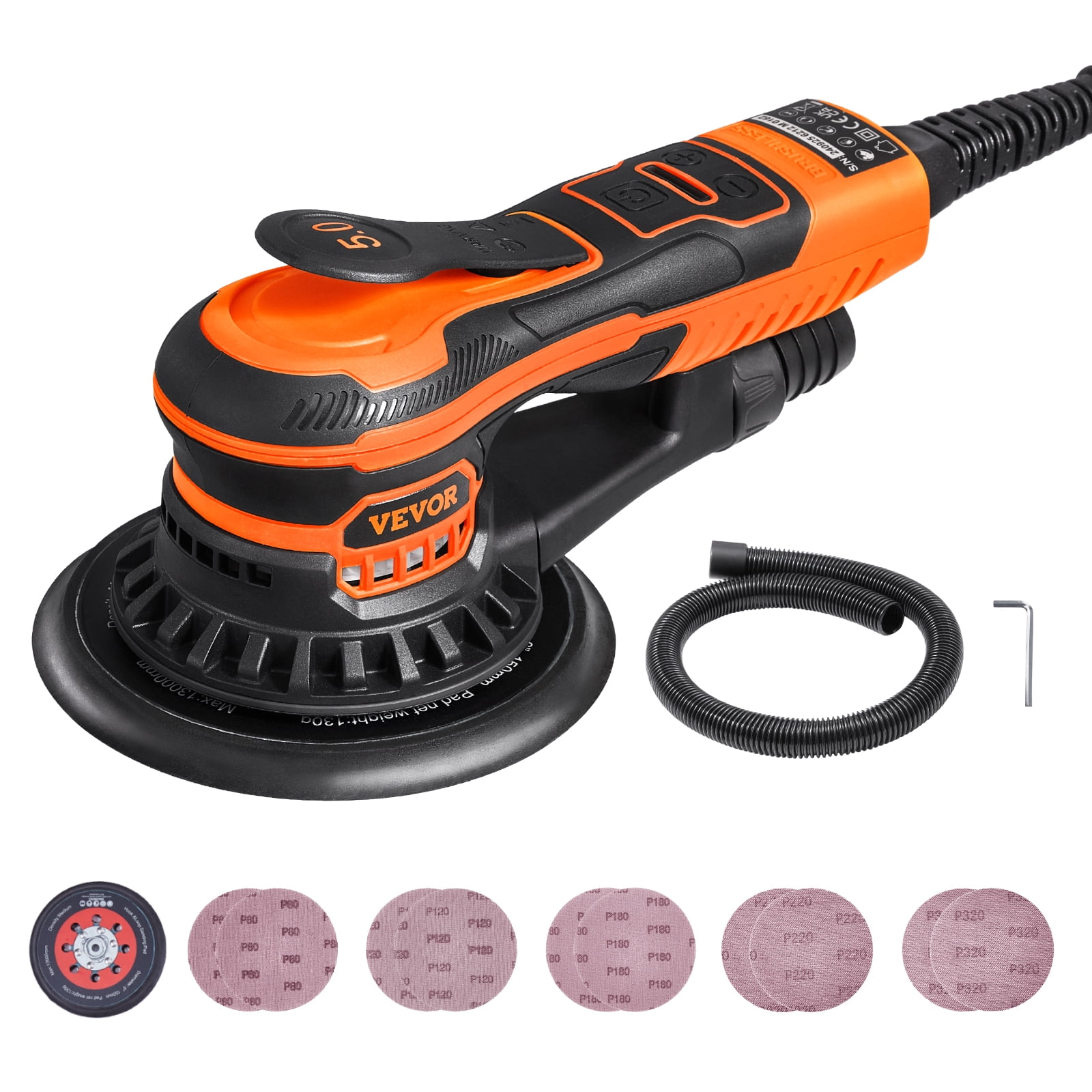 VEVOR Random Orbital Sander 6-Inch, 350W Brushless Orbital Sander, 10,000 PRM 6 Variable Speed Electric Palm Sander with 10PCS Sandpapers, Dust Connector \u0026 Hose for Woodworking Detailing Sanding
