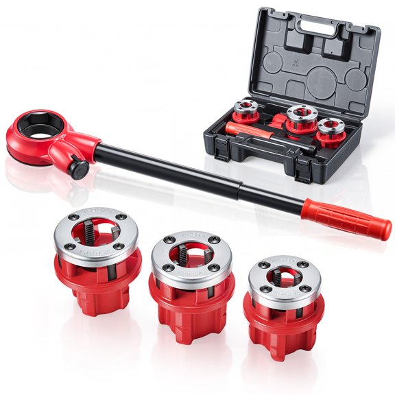 VEVOR Ratchet Pipe Threader Kit with 3 Dies, 1/2" BSPT, 3/4" BSPT, 1" BSPT Manual Ratcheting Pipe Threading Tool, Portable Pipes Threader Set with Toolbox for Plumbing Installation & Repair