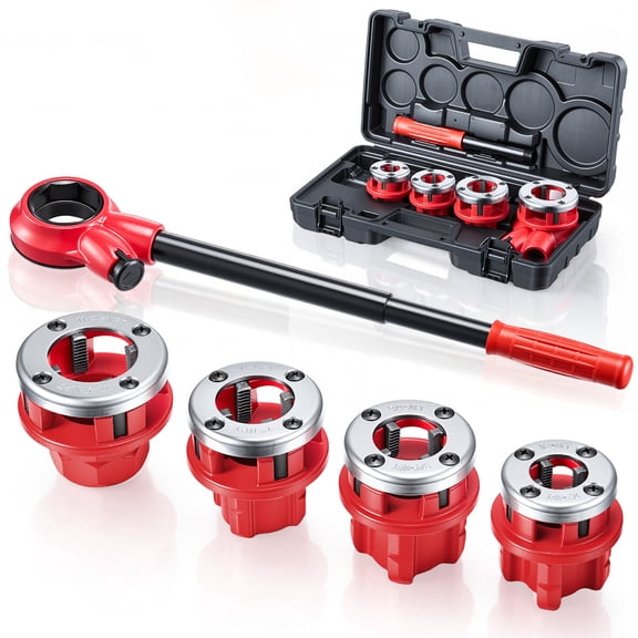 VEVOR Ratchet Pipe Threader Kit with 4 Dies, 1/2" NPT, 3/4" NPT, 1" NPT, 1-1/4" NPT Manual Ratcheting Pipe Threading Tool, Portable Pipes Threader Set with Toolbox for Plumbing Installation & Repair