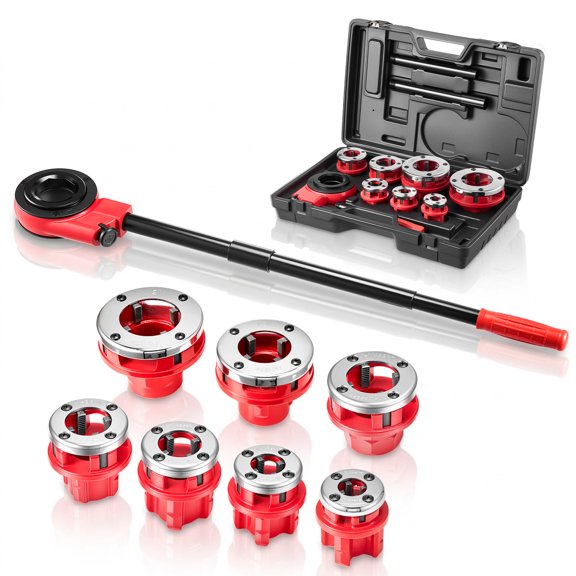 VEVOR Ratchet Pipe Threader Kit with 7 Dies, 3/8" BSPT to 2" BSPT Manual Ratcheting Pipe Threading Tool, Portable Pipes Threader Set with Toolbox for Plumbing Installation & Repair