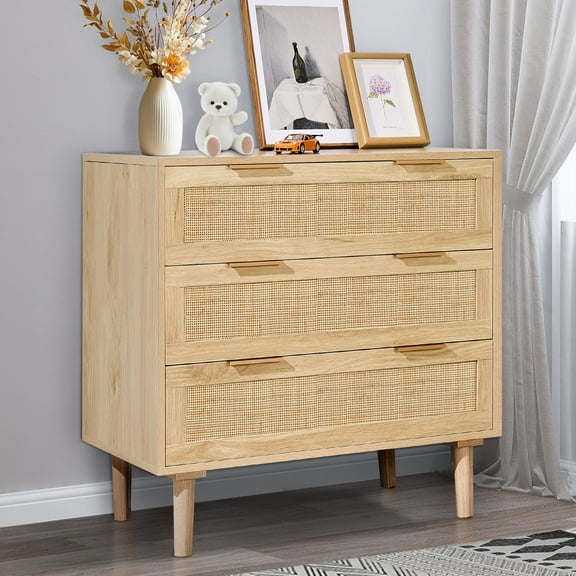 VEVOR Rattan 3-Drawer Dresser Natural Rattan Storage for Bedroom, Modern Design