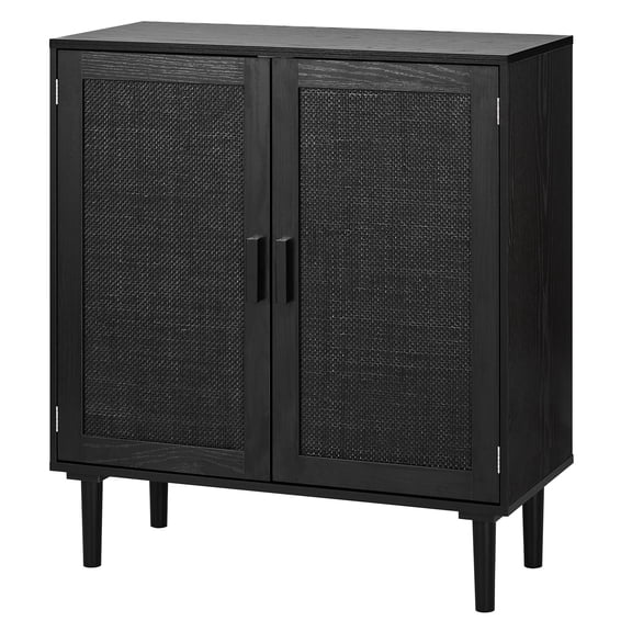 VEVOR Rattan Cabinet, Rattan Storage Cabinet with 2 Magnetic Doors and Adjustable Shelves,Accent Sideboard Buffet with Wooden Legs & Power Cord Hole for Hallway, Entryway, Living Room, Kitchen, Black