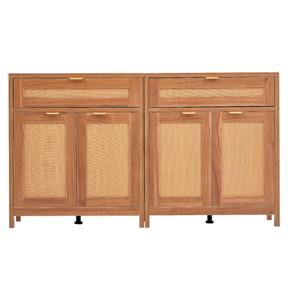 VEVOR Rattan Cabinet, Set of 2, Rattan Storage Cabinet with 4 Magnetic Doors and 2 Drawers, Sideboard Buffet Cabinet with Adjustable Shelves, for Hallway, Entryway, Living Room, or Kitchen, Natural