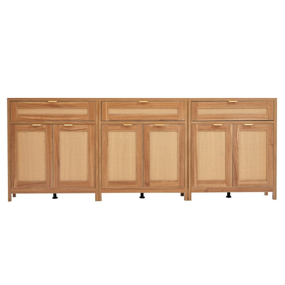VEVOR Rattan Cabinet, Set of 3, Rattan Storage Cabinet with 6 Magnetic Doors and 3 Drawers, Sideboard Buffet Cabinet with Adjustable Shelves, for Hallway, Entryway, Living Room, or Kitchen, Natural
