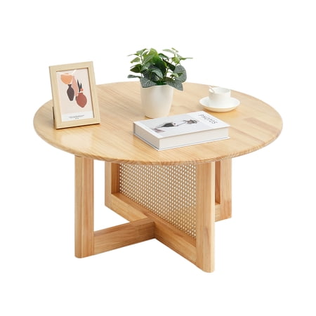 VEVOR Rattan Coffee Table, Round Rattan Woven Wood Coffee Table with Rubber Wood Top, 33 in Modern Boho Circular Storage Coffee Table with Natural Wood Legs, for Living Room, Bedroom & Small Spaces
