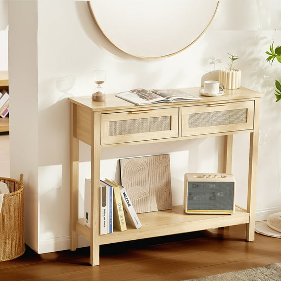 VEVOR Rattan Console Table with 2 Storage Drawers, Rattan Entryway Table with Natural Rattan Sliding Door, Console Sofa Table for Living Room, Study, Entryway Or TV Wall, Natural