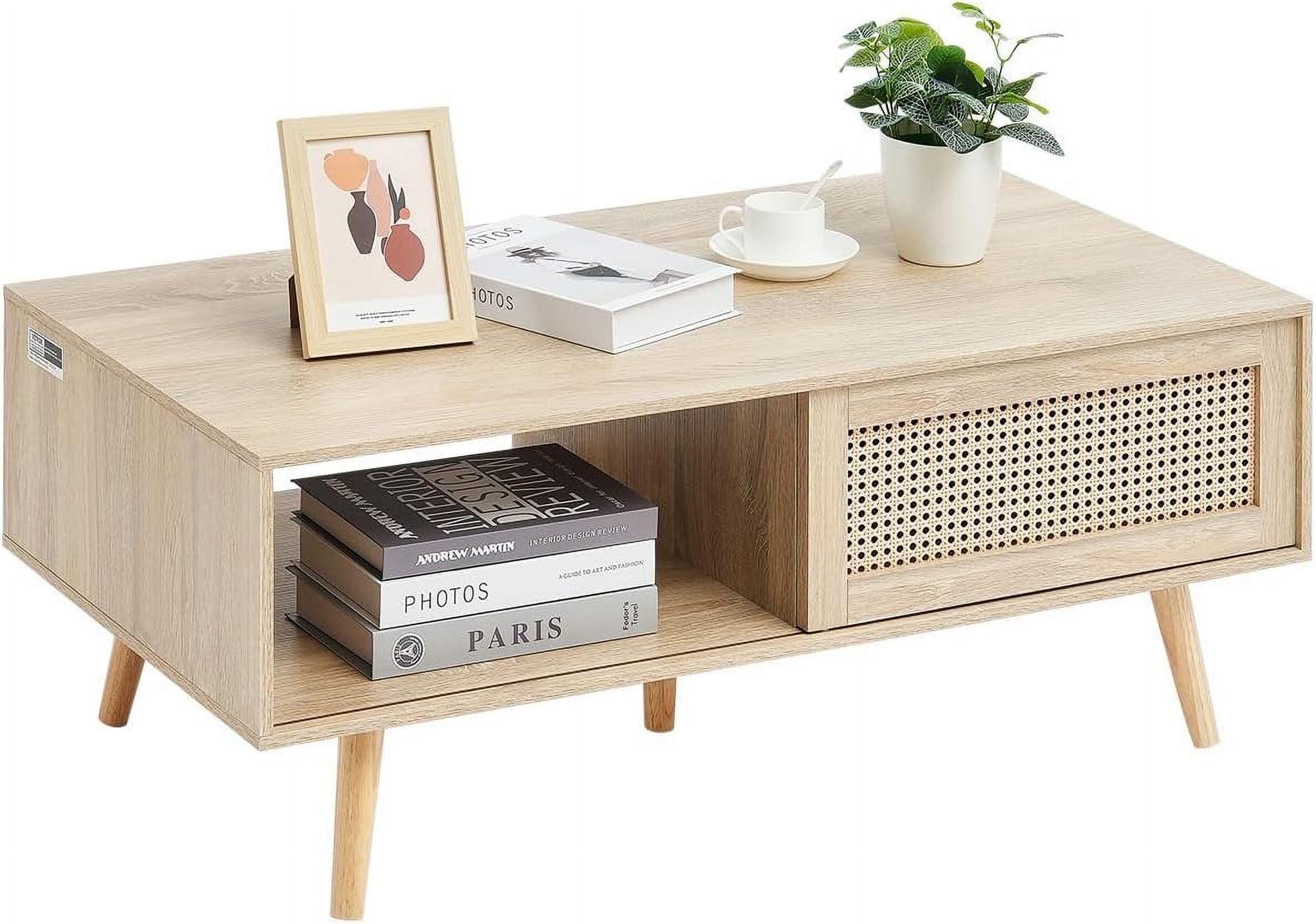 VEVOR 42" Rattan Coffee Table - Mid Century Modern, 2-Tier Storage, Boho Style