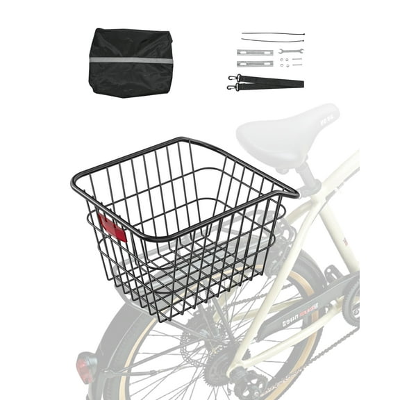 VEVOR Rear Bike Basket, Metal Wire Bicycle Basket with Reflective Tail Light & Waterproof Cover, Durable Bike Back Basket, Fits to Most Rear Bike Racks
