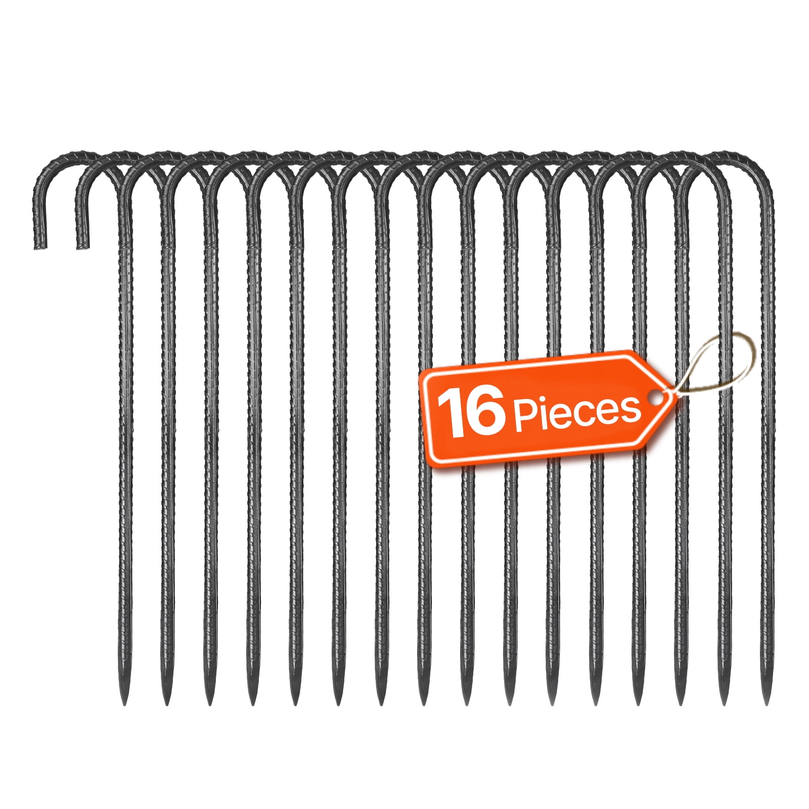 VEVOR Rebar Stakes, 16-Inch, Heavy-Duty 0.4 in Diameter J Hook, Galvanized Steel Ground Anchors with Chisel Point End & Rust-Resistant Coating, for Gardening Support, Fence, Camping Tents (16-Pack)