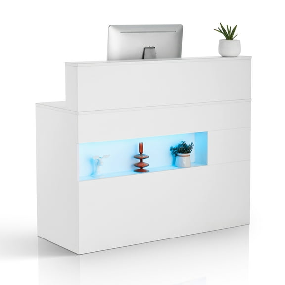 VEVOR Reception Desk, 47 Inch Rectangular Front Counter Table, Office Reception Desk with LED Light, 2 Drawers and Power Outlets, for Checkout, Lobby, Beauty Salon and Office, White