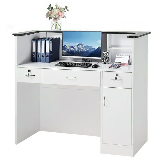 VEVOR Reception Desk, 50 inch Rectangular Front Counter Table, Modern Office Reception Desk with Light Strip, 3 Drawers & Storage Cabinets, Retail Counter Table for Checkout, Lobby, Salon, Office