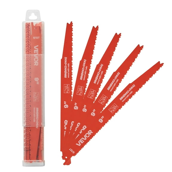 VEVOR Reciprocating Saw Blades, 25 Pack, 6/12 TPI Bi-Metal Reciprocating Saw Blade Set with Universal Shank, Sharp Teeth for Fast and Smooth Cuts, for Wood and Nail-Embedded Wood Demolition, Orange