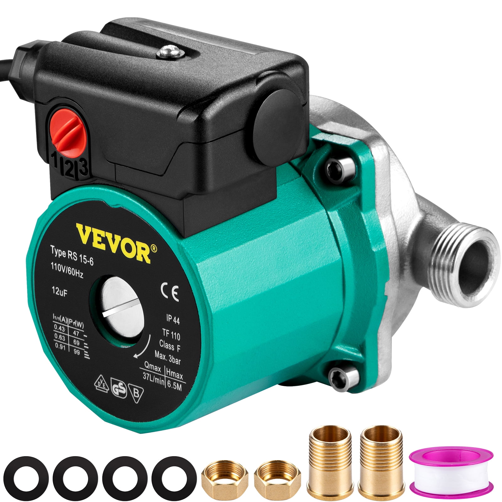 VEVOR Recirculating Pump, 93W 110V Water Circulator, Automatic Start, NPT 3/4" with Brass Fittings
