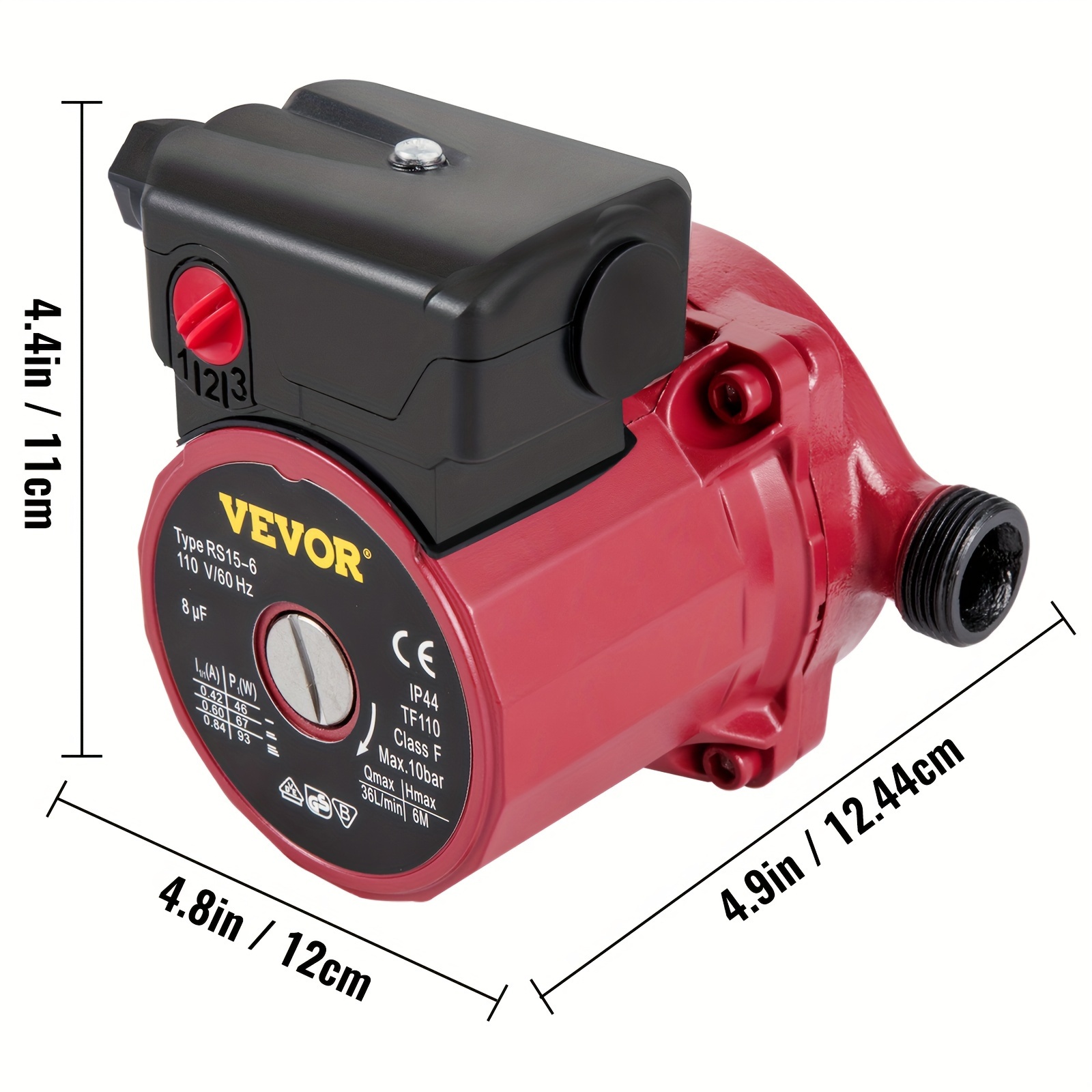 VEVOR Recirculating Pump, 93W 110V Water Circulator Circulating Pump NPT 3/4" W/Brass Fittings, 3-speed Control Recirculation 9.5 GPM RS15-6 For Electric Water Heater System