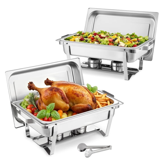 VEVOR Rectangle Chafing Dish, 9 Qt 2 Pack Stainless Steel Chafing Dish, Food Warmer Chafer Complete Set with Hollow Handle, 1 Food Tongs, Lid, Fuel Holder, Chafer Dishes for Banquet Party Wedding