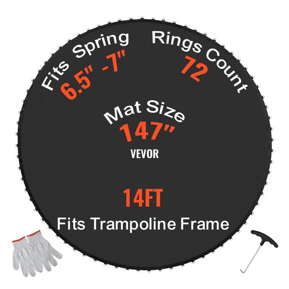 VEVOR Replacement Trampoline Mat, Jumping Mat Fits 14ft Frame, Universal Jumping Mat for 14ft Round Trampoline, Reinforce UV-Resistant Mat with Spring Tool & Durable V-Rings, Fit 6.5"-7" Spring Lengt
