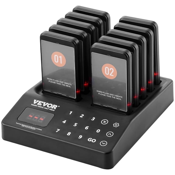 VEVOR Restaurant Pager Sstem,Touch Screen Keboad Wireless Long Range Lineup Waiting Queue Signal, Guest Customer Calling Beepers with Vibration & Flashing, 10 Buzzers