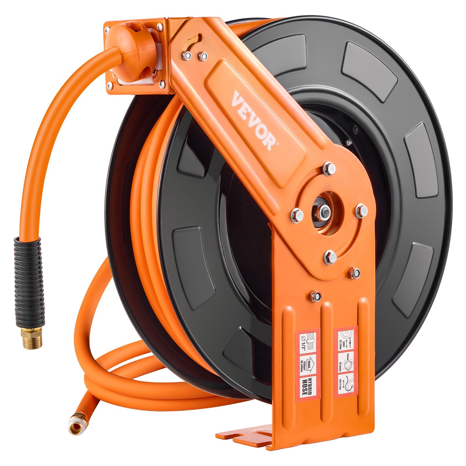 VEVOR Retractable Air Hose Reel, 1/2 IN x 50 FT Hybrid Air Hose Max 300PSI, Air Compressor Hose Reel Auto-Rewind with 5FT Lead in, Ceiling/Wall Mount Heavy Duty Single Arm Steel Reel, 1/2" NPT Fittin