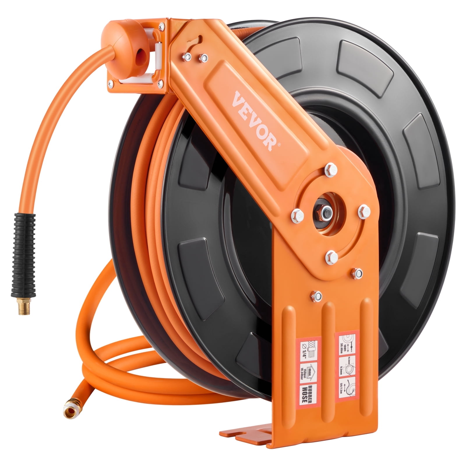 VEVOR Retractable Air Hose Reel, 3/8IN x 100FT Rubber Air Hose Max 300PSI, Air Compressor Hose Reel Auto-Rewind with 5FT Lead in, Ceiling/Wall Mount Heavy Duty Single Arm Steel Reel,1/4" NPT Fitting