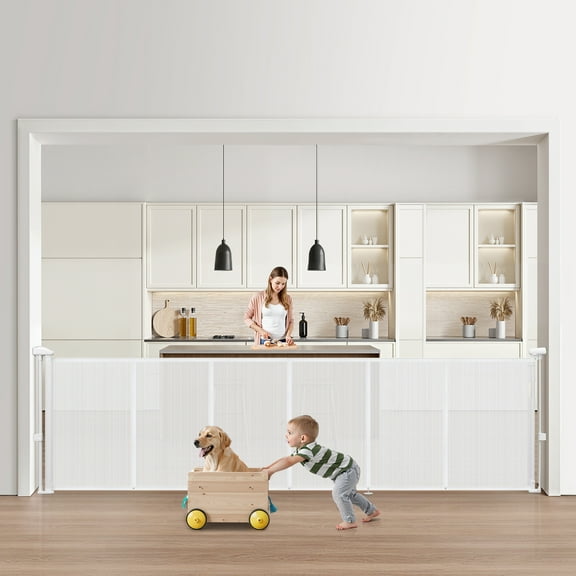 VEVOR Retractable Baby Gate, 34 inch Tall, Extends up to 110 inch Wide, Retractable Gate for Kids or Pets, Mesh Material, Easy to Install for Indoor Stairs, Doorways, Hallways, Playrooms, White
