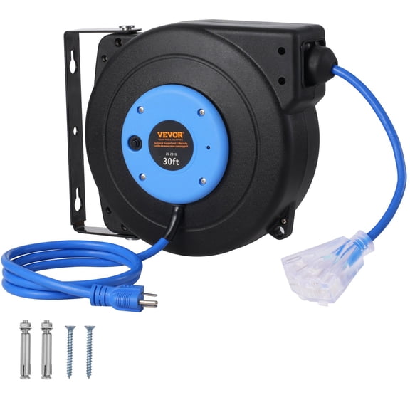 VEVOR Retractable Extension Cord Reel, 30 FT, Heavy Duty 16AWG/3C SJTOW Retractable Power Cord Reel with Lighted Triple Tap Outlet 10 Amp Circuit Breaker 4.5FT Lead-in Cord, for Ceiling or Wall Mount